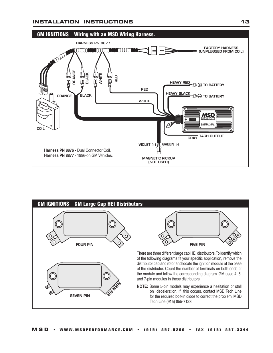 Gm ignitions wiring with an msd wiring harness, Gm ignitions gm large cap hei distributors | MSD 6201 Digital 6A Ignition Control User Manual | Page 13 / 20