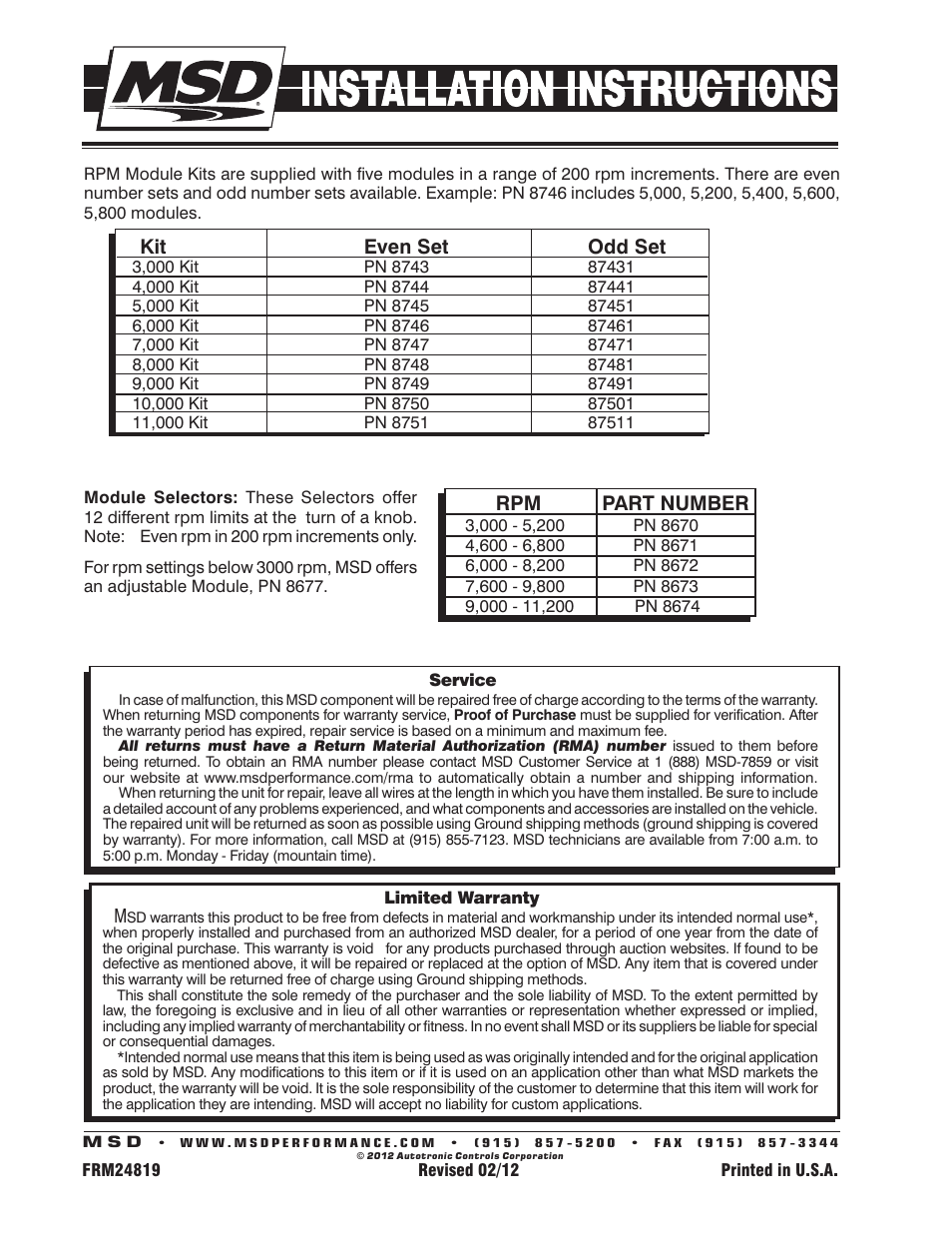 Kit even set odd set, Rpm part number | MSD 8956 Window RPM Activated Switch Installation User Manual | Page 4 / 4