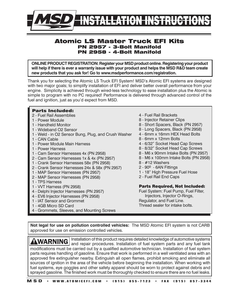 MSD 2957 Atomic LS Master Early Truck Kit (GEN III 1999-2007) Installation User Manual | 24 pages