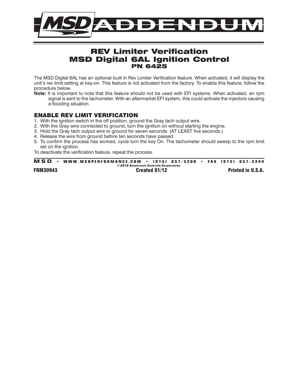 MSD 6425 Digital 6AL Ignition Control User Manual | 1 page