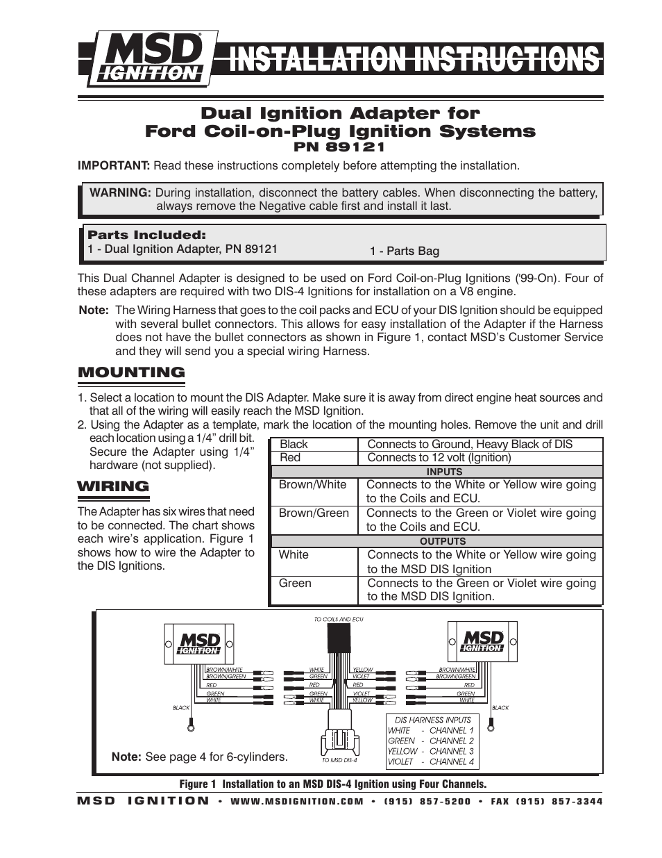MSD 89121 Dual Ignition Adapter for Ford Coil-on-plug Installation User Manual | 4 pages