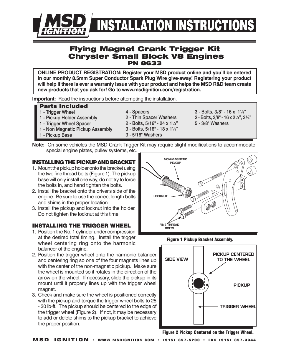 MSD 8633 Chrysler Small Block Crank Trigger Kit Installation User Manual | 2 pages