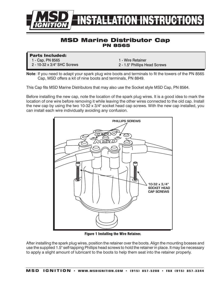 MSD 8565 Marine HEI Tower Cap w_Wire Retainer Installation User Manual | 2 pages