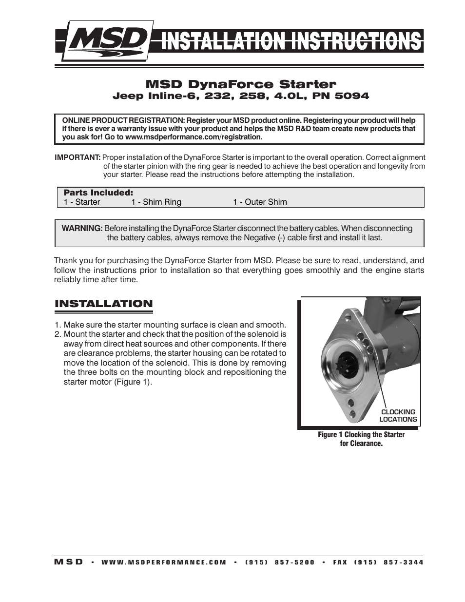 MSD 5094 DynaForce Starter, Jeep In-Line 232, 258, 4.0L Installation User Manual | 4 pages