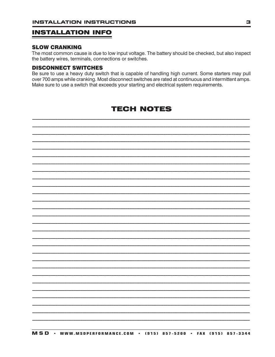 Installation info, Slow cranking, Disconnect switches | MSD 5094 DynaForce Starter, Jeep In-Line 232, 258, 4.0L Installation User Manual | Page 3 / 4