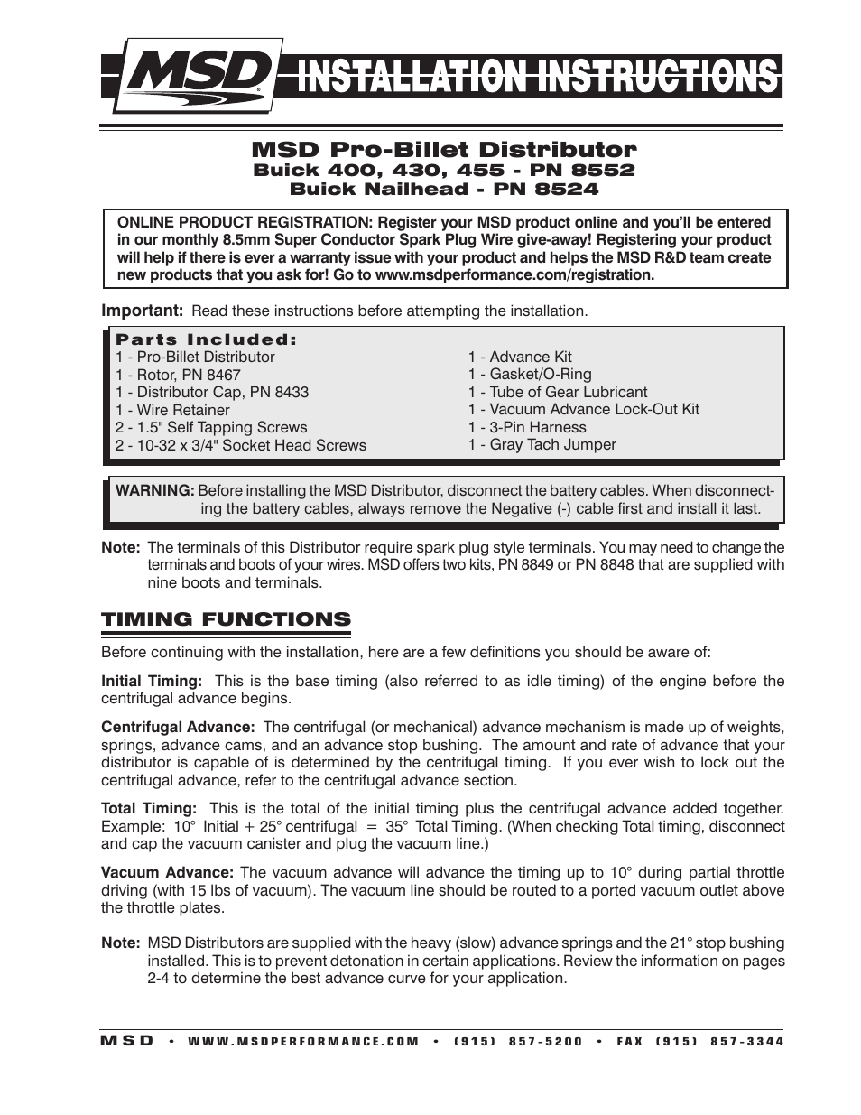 MSD 8552 Buick 400-430-455 V8 Ready to Run Distributor Installation User Manual | 8 pages