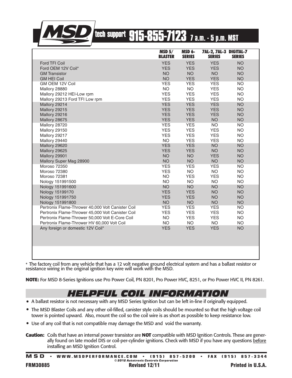 Helpful coil information, 7 a.m p.m. mst | MSD 6430 6ALN Ignition Control Compatibility list User Manual | Page 2 / 2
