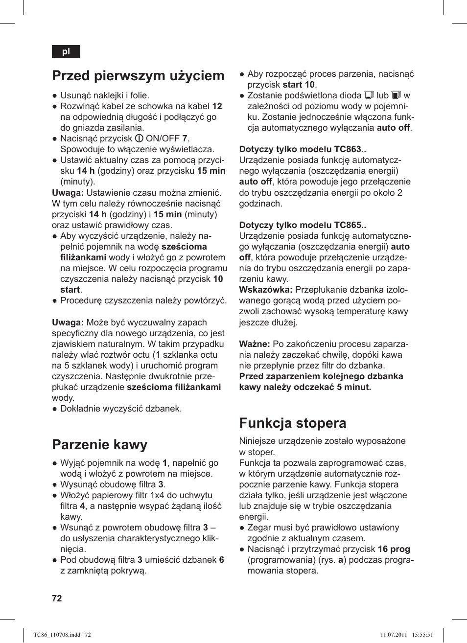 Funkcja stopera, Przed pierwszym u yciem, Parzenie kawy | Siemens TC 86309 User Manual | Page 76 / 108