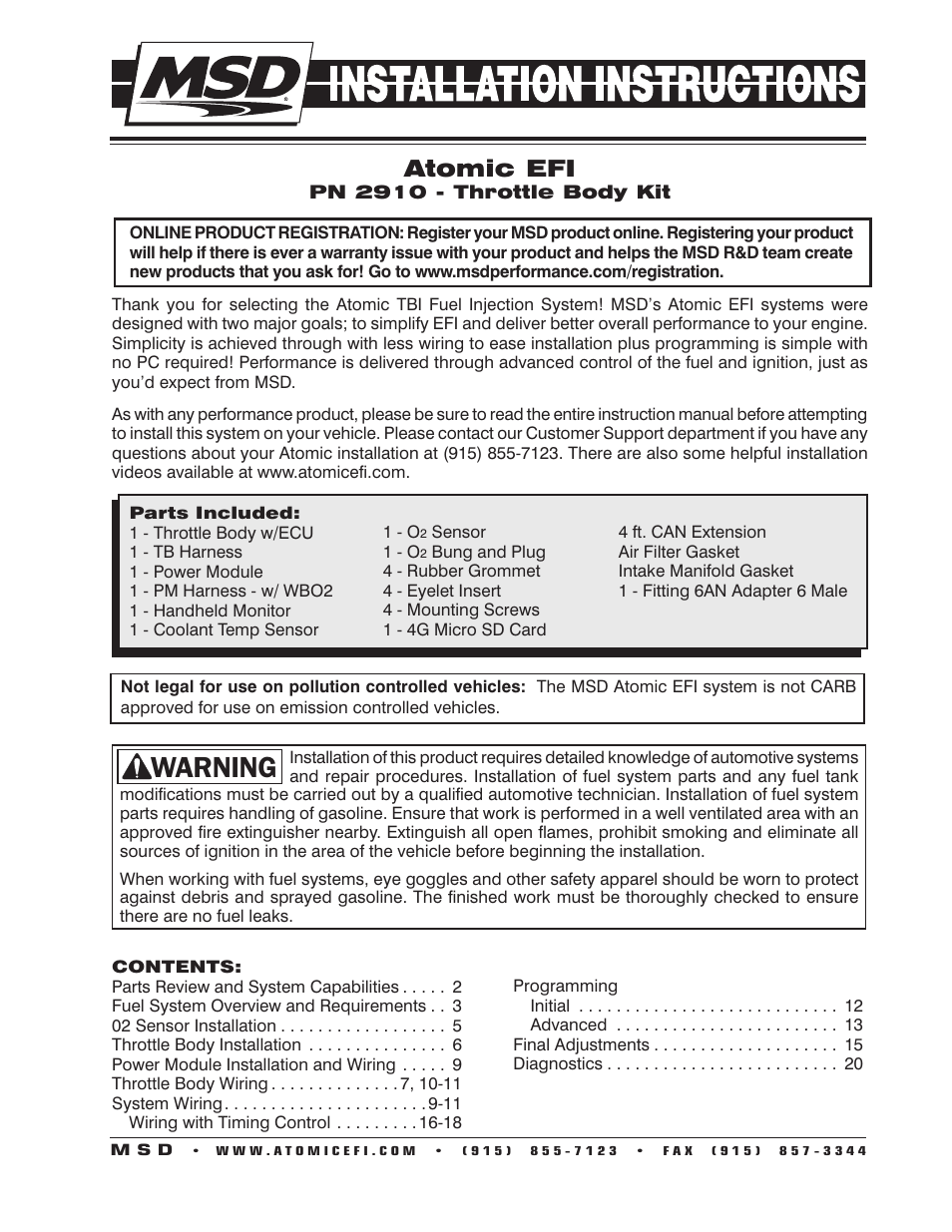 MSD 2910 Atomic EFI Master Kit Installation User Manual | 28 pages