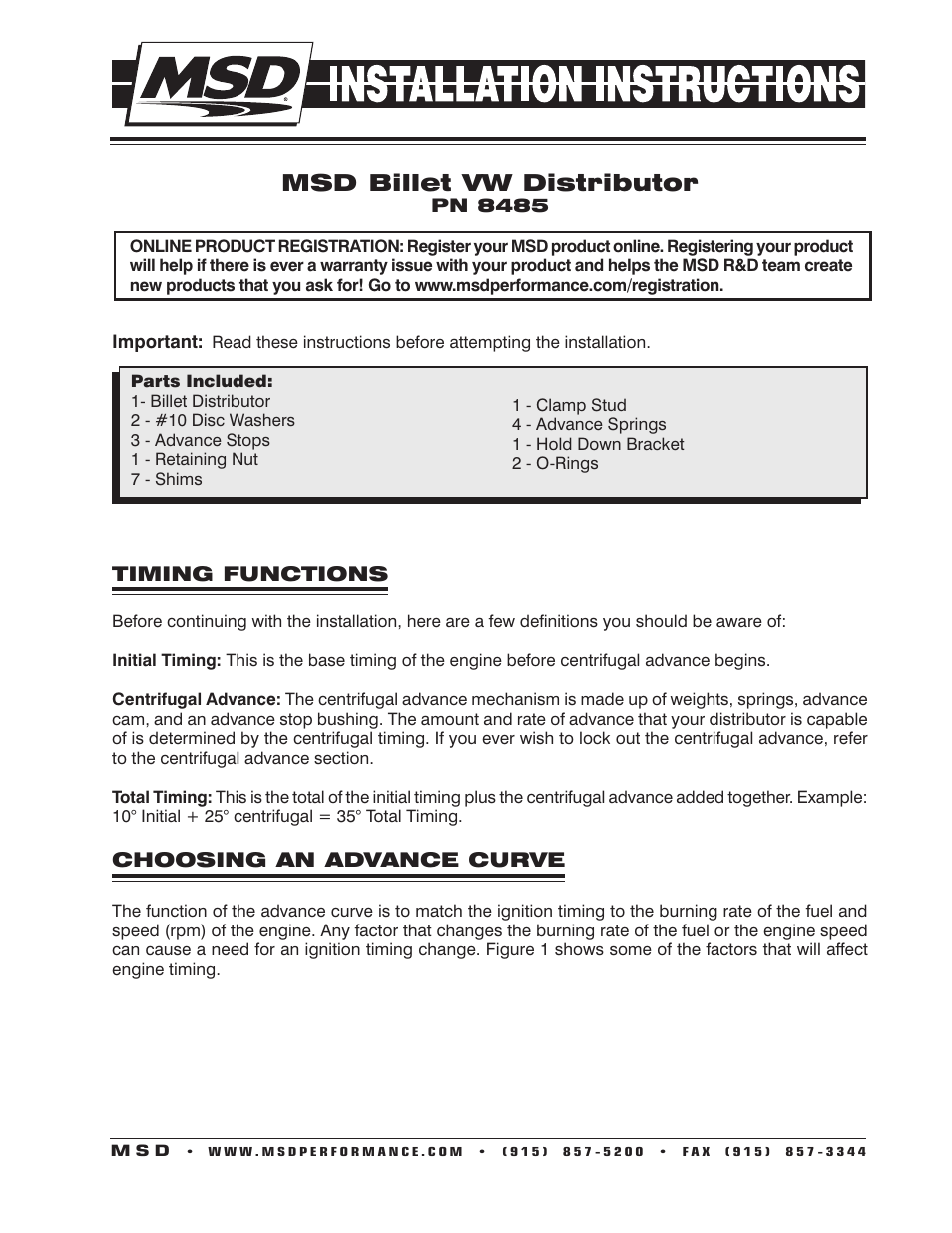 MSD 8485 VW Billet Distributor Installation User Manual | 8 pages