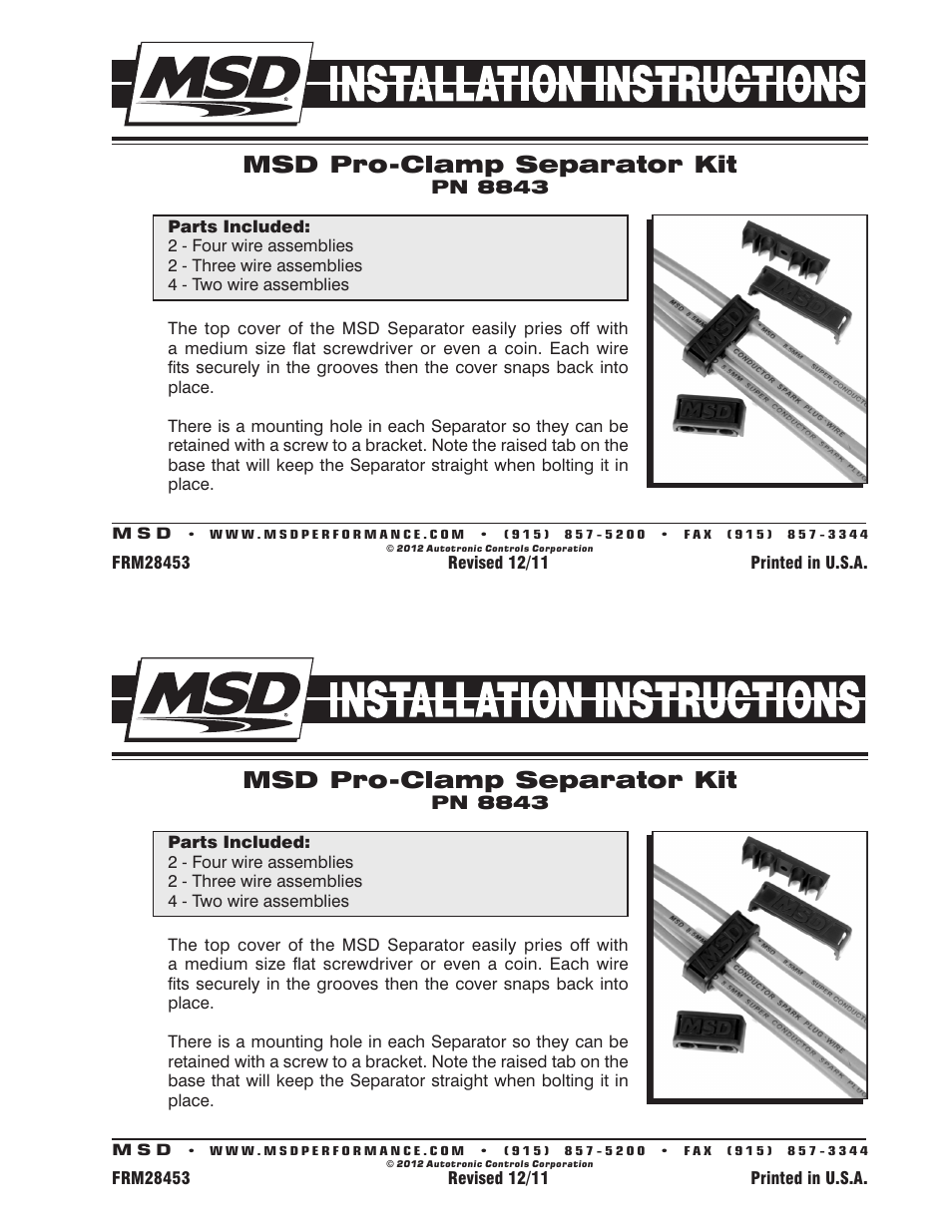MSD 8843 Pro-Clamp Separators Installation User Manual | 1 page