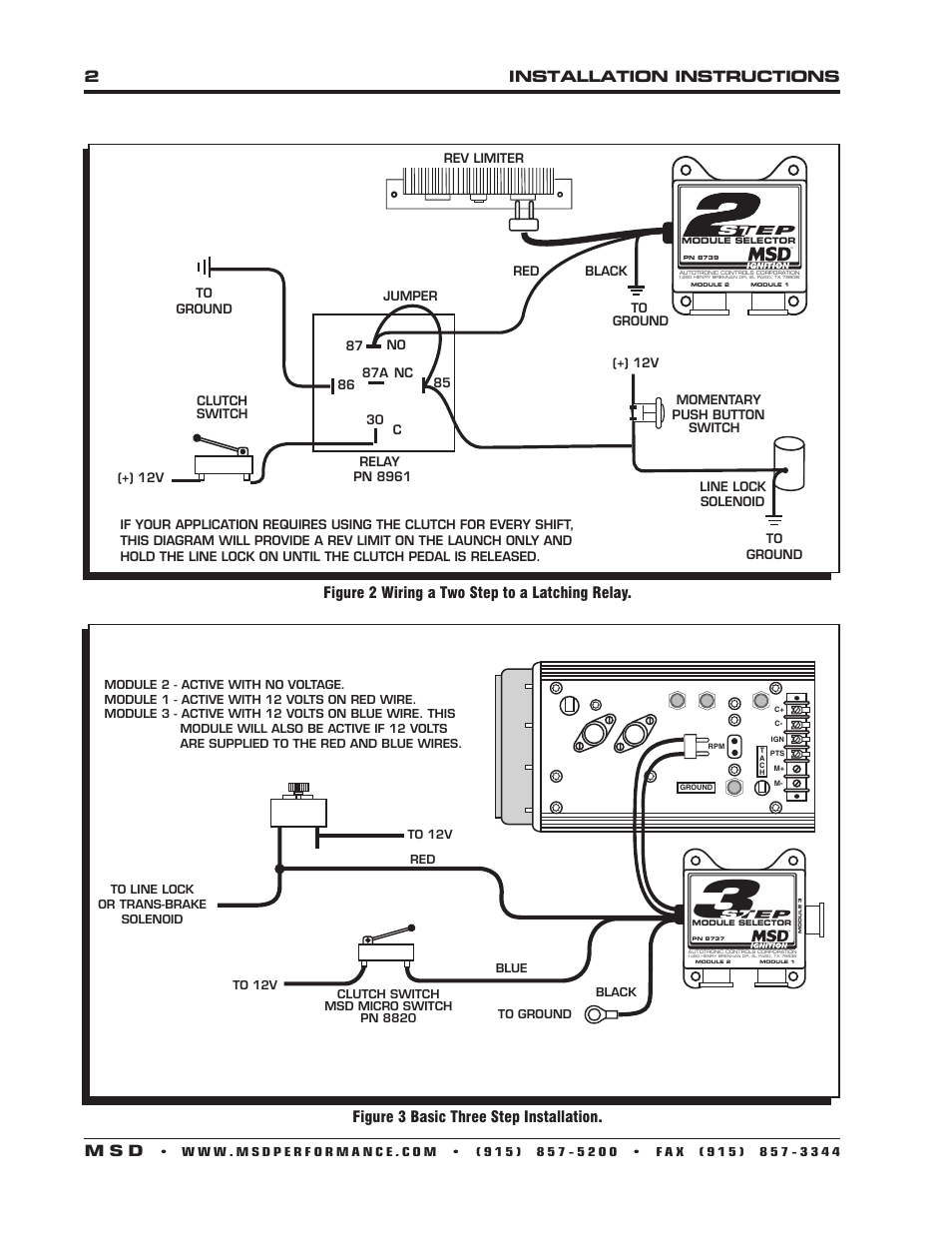 2installation instructions m s d, Figure 3 basic three step installation, Figure 2 wiring a two step to a latching relay | MSD 8739 Two Step Module Selector Installation User Manual | Page 2 / 4