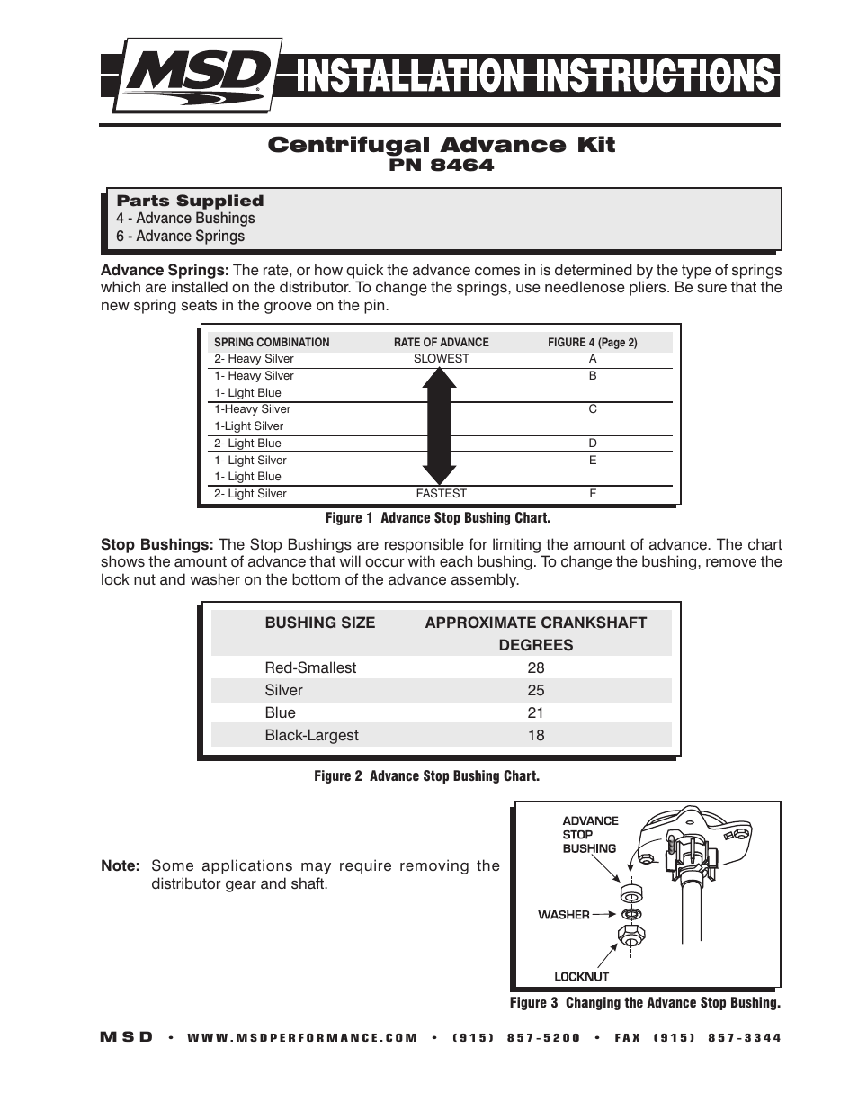 MSD 8464 Bushing & Spring Set, MSD Distributor Installation User Manual | 2 pages