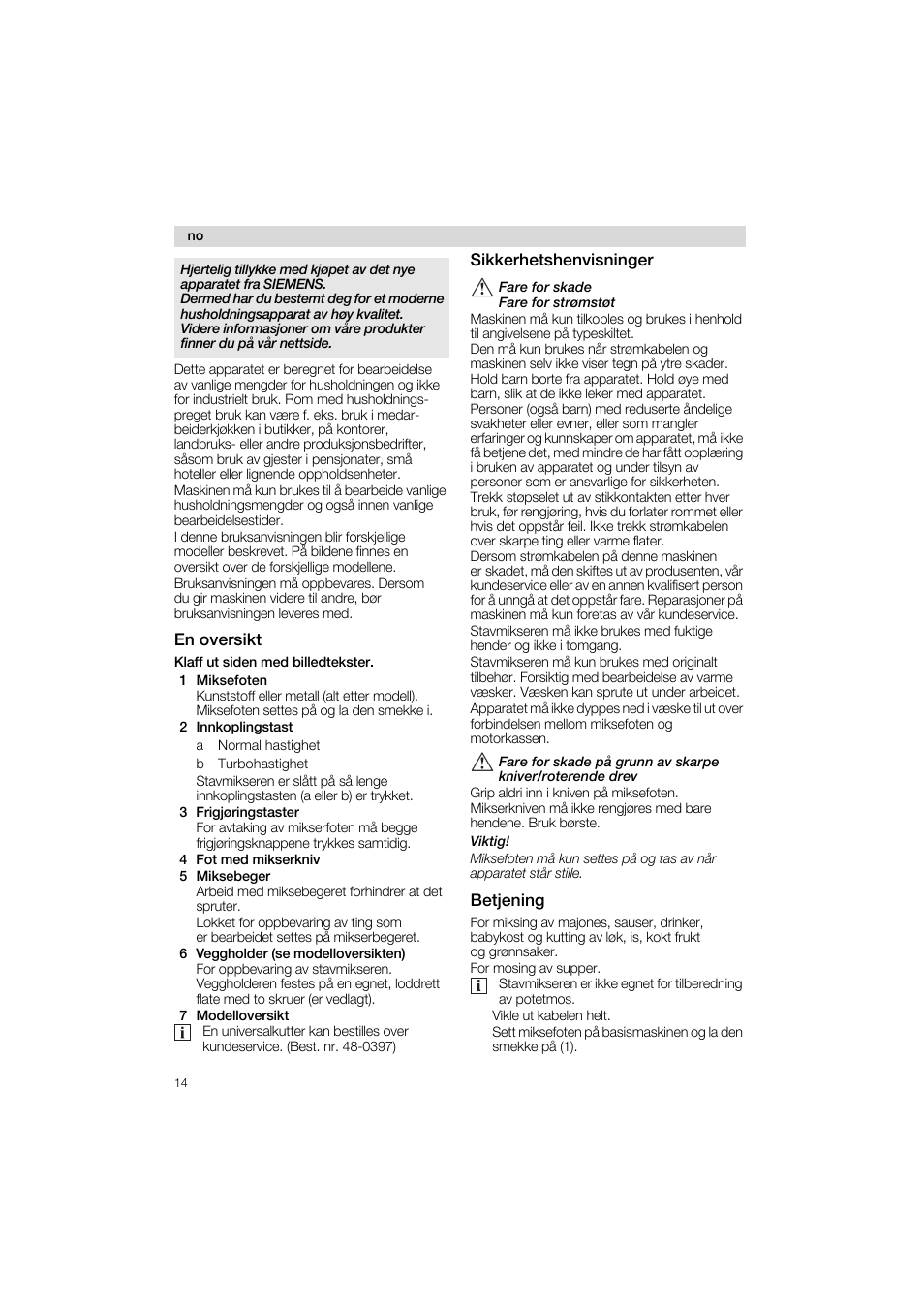 En oversikt, Sikkerhetshenvisninger, Betjening | Siemens MQ 5 N 253 User Manual | Page 14 / 51