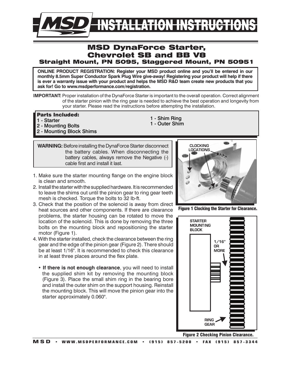 MSD 5095 DynaForce Starter, Chevy_GM Small and Big Block V8 Installation User Manual | 4 pages