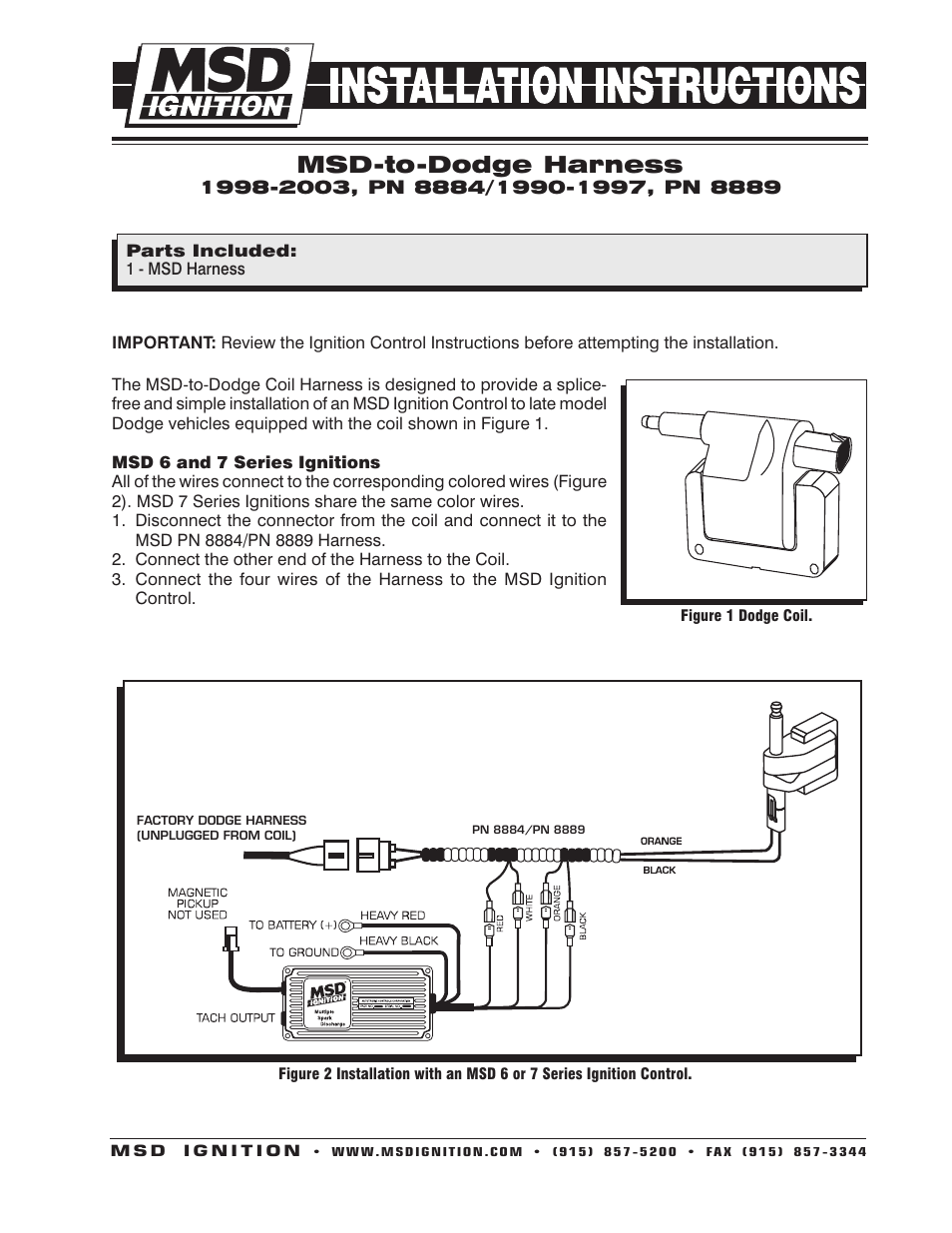 MSD 8889 Harness, MSD to 90-95 Dodge Ram 5.2_5.9L Installation User Manual | 2 pages