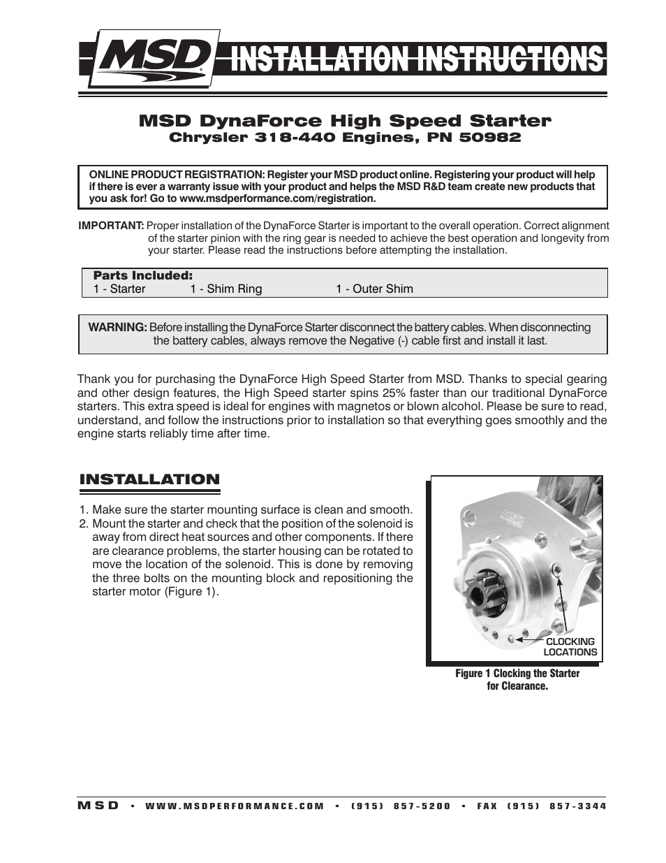 MSD 50982 Chrysler High Speed DynaForce Starter 318-440 Installation User Manual | 4 pages