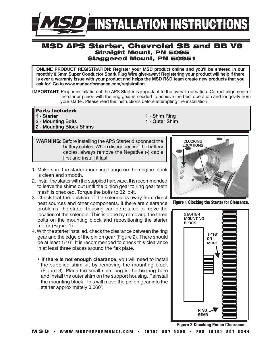 MSD 50951 DynaForce Starter, Chevy 168 Tooth Staggered Mount Installation User Manual | 4 pages