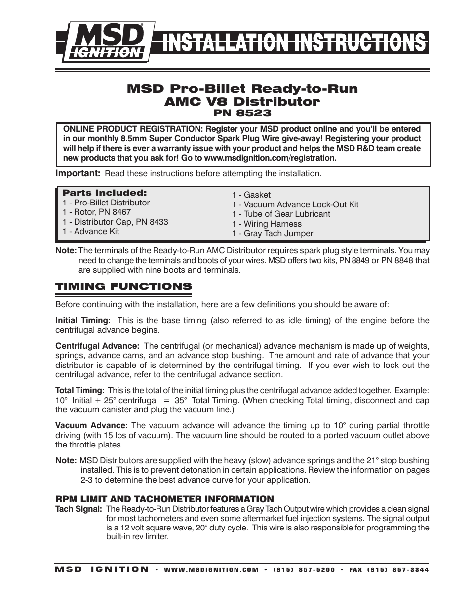MSD 8523 AMC V8 Ready to Run Distributor Installation User Manual | 8 pages