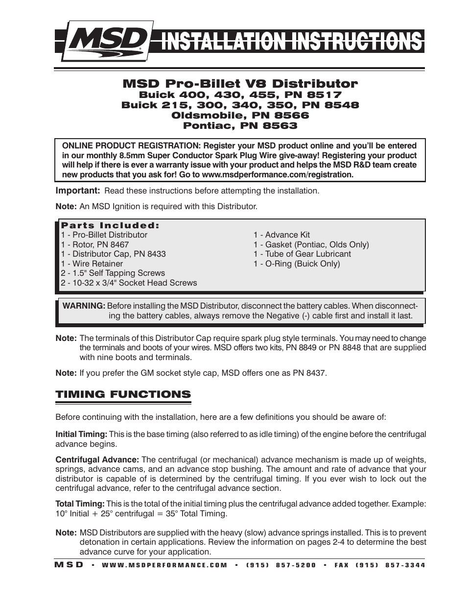 MSD 8566 Oldsmobile V8 350-455 Distributor Installation User Manual | 8 pages