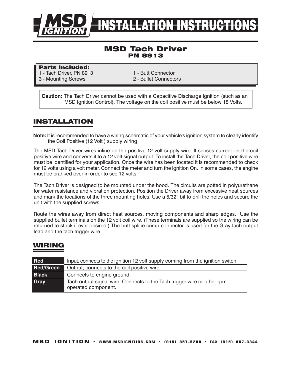 MSD 8913 Tach Driver, DIS Ignitions Installation User Manual | 4 pages