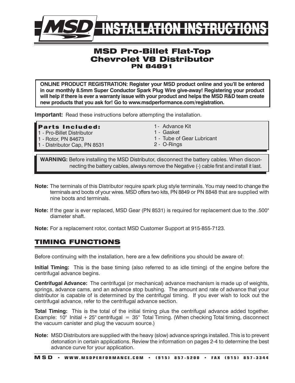 MSD 84891 Chevy Flat Top Pro-Billet Distributor Installation User Manual | 8 pages