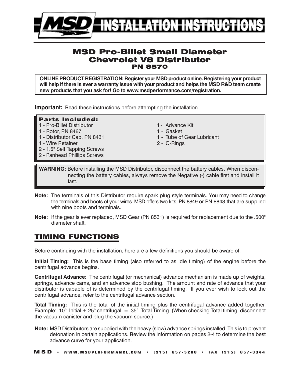 MSD 8570 Chevy Pro-Billet Small Diameter V8 Distributor Installation User Manual | 8 pages