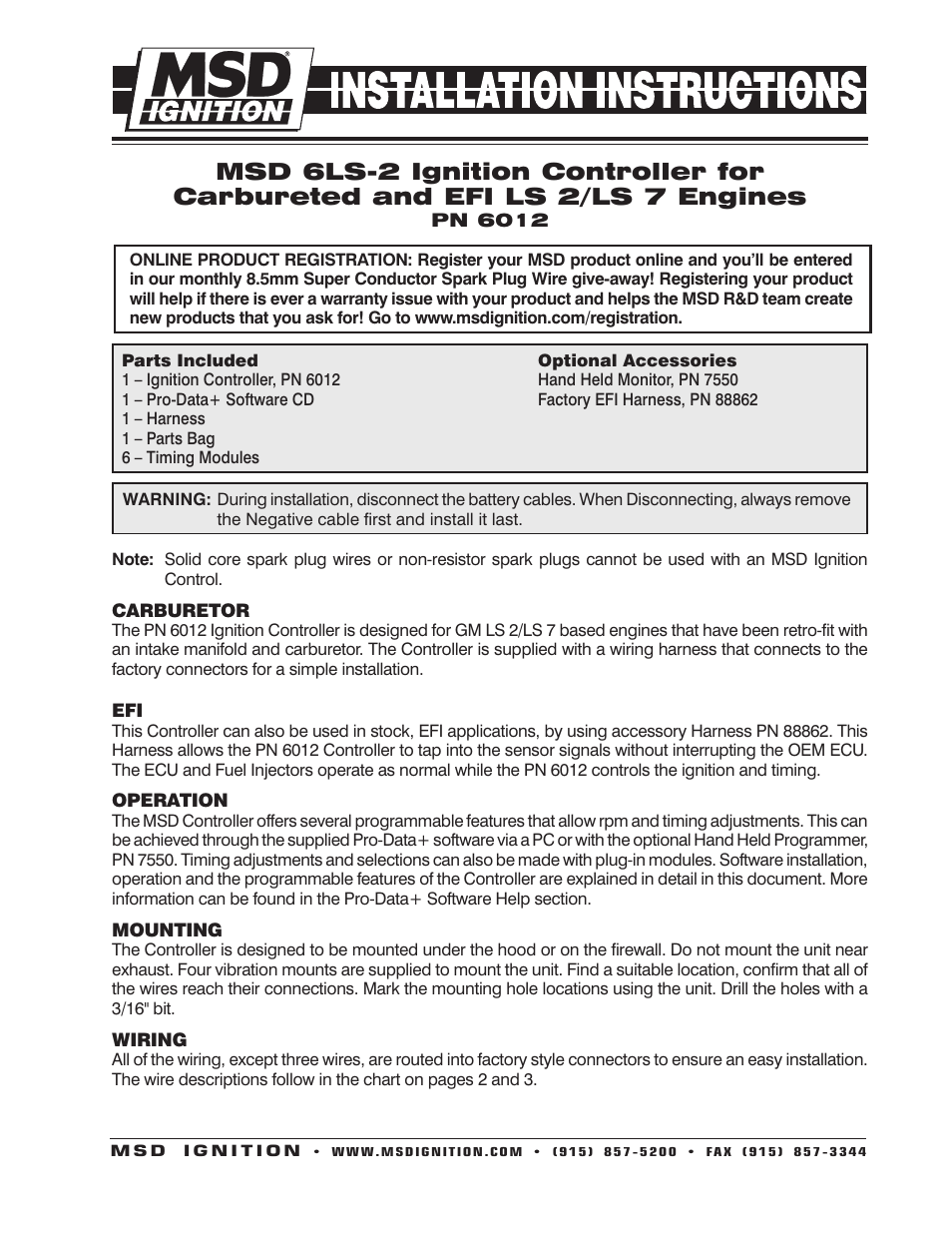 MSD 6012 GM LS2_7 Ignition Control, 06-On 58-Tooth Crank Installation User Manual | 8 pages