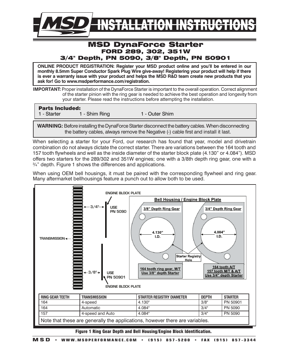 MSD 50901 DynaForce Starter Ford SB V8, 3_8th depth Installation User Manual | 4 pages