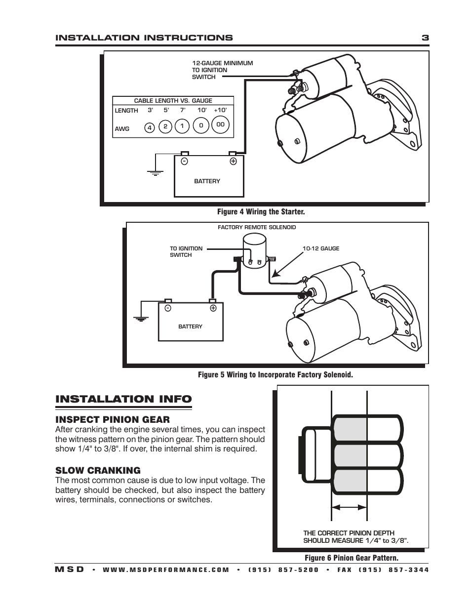 Installation info, Inspect pinion gear, Slow cranking | MSD 50901 DynaForce Starter Ford SB V8, 3_8th depth Installation User Manual | Page 3 / 4