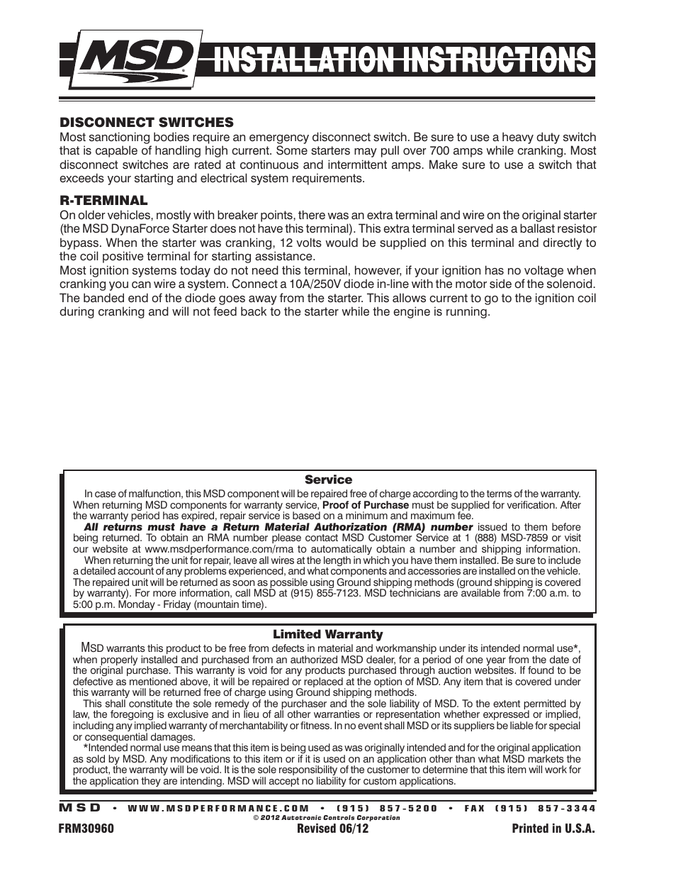 MSD 50901 DynaForce Starter Ford SB V8, 3_8th depth Installation User Manual | Page 4 / 4