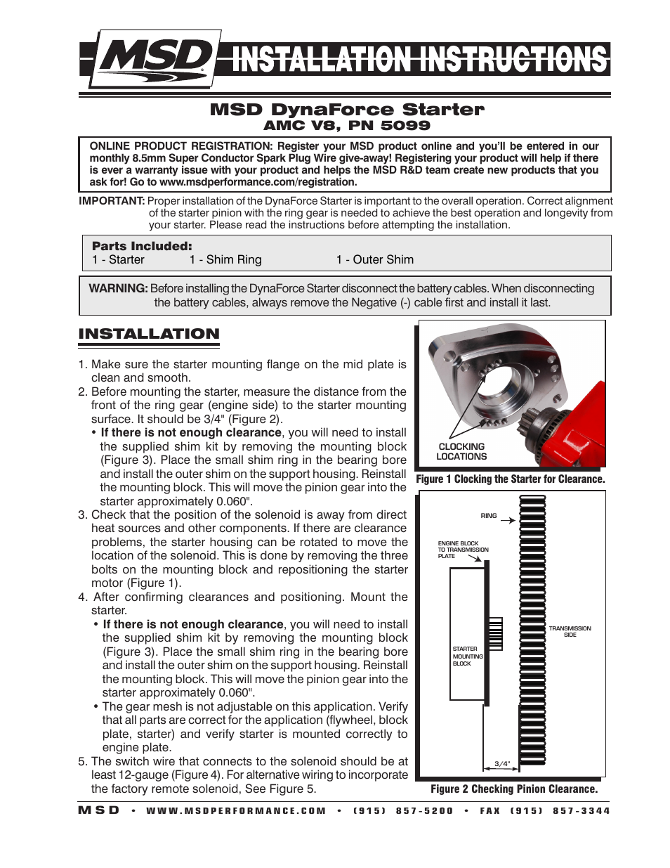 MSD 5099 DynaForce Starter, AMC (All except 4.0L) Installation User Manual | 4 pages