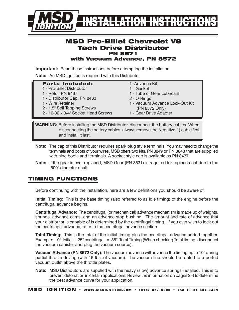 MSD 8572 Corvette V8 Tach DriveDistributor w_Vacuum Advance Installation User Manual | 8 pages