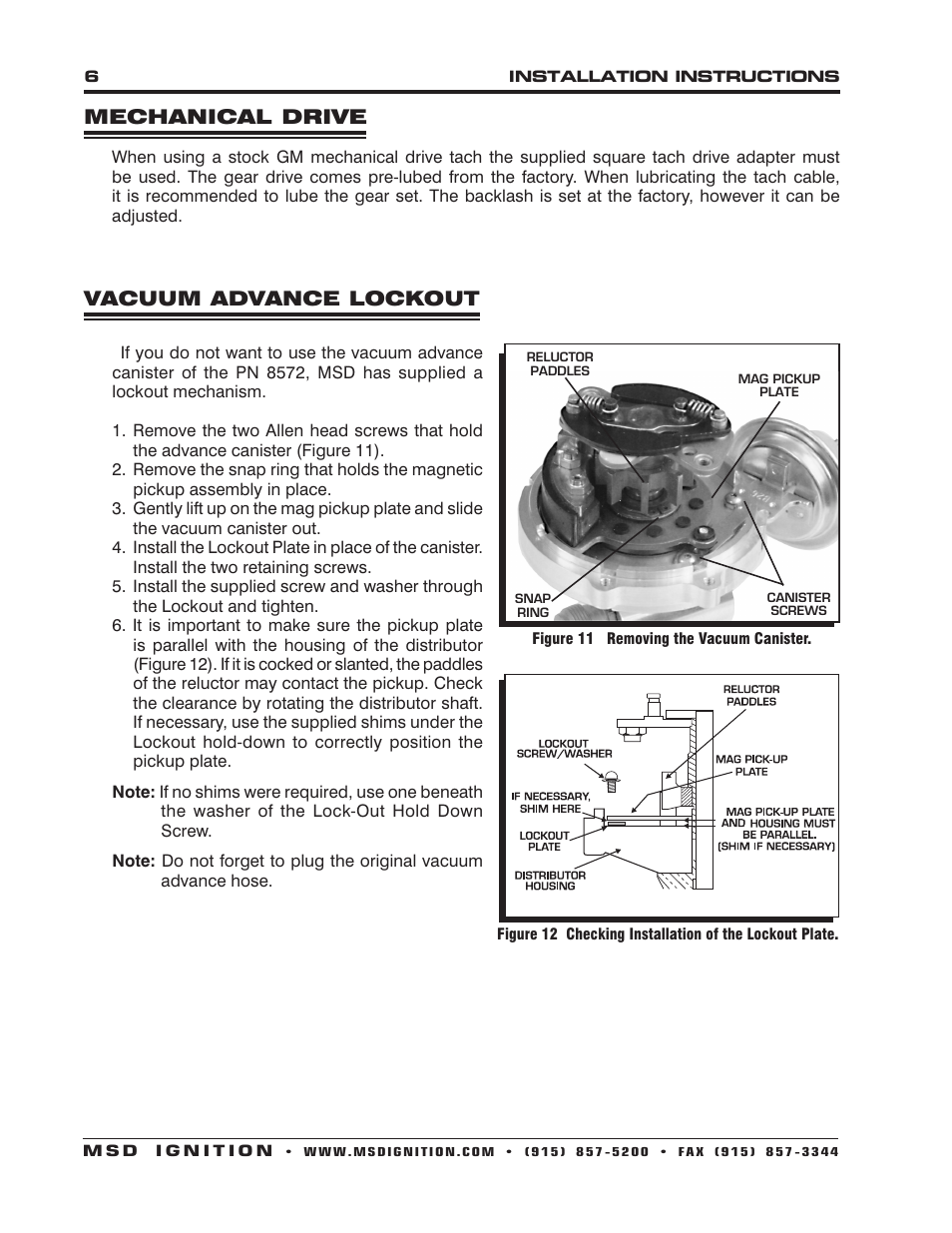 Vacuum advance lockout, Mechanical drive | MSD 8572 Corvette V8 Tach DriveDistributor w_Vacuum Advance Installation User Manual | Page 6 / 8