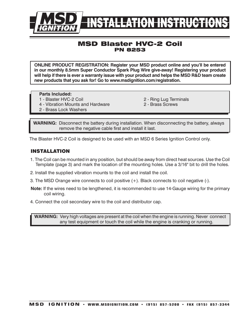 MSD 8253 HVC-2 Coil, 6 Series Ignitions Installation User Manual | 4 pages