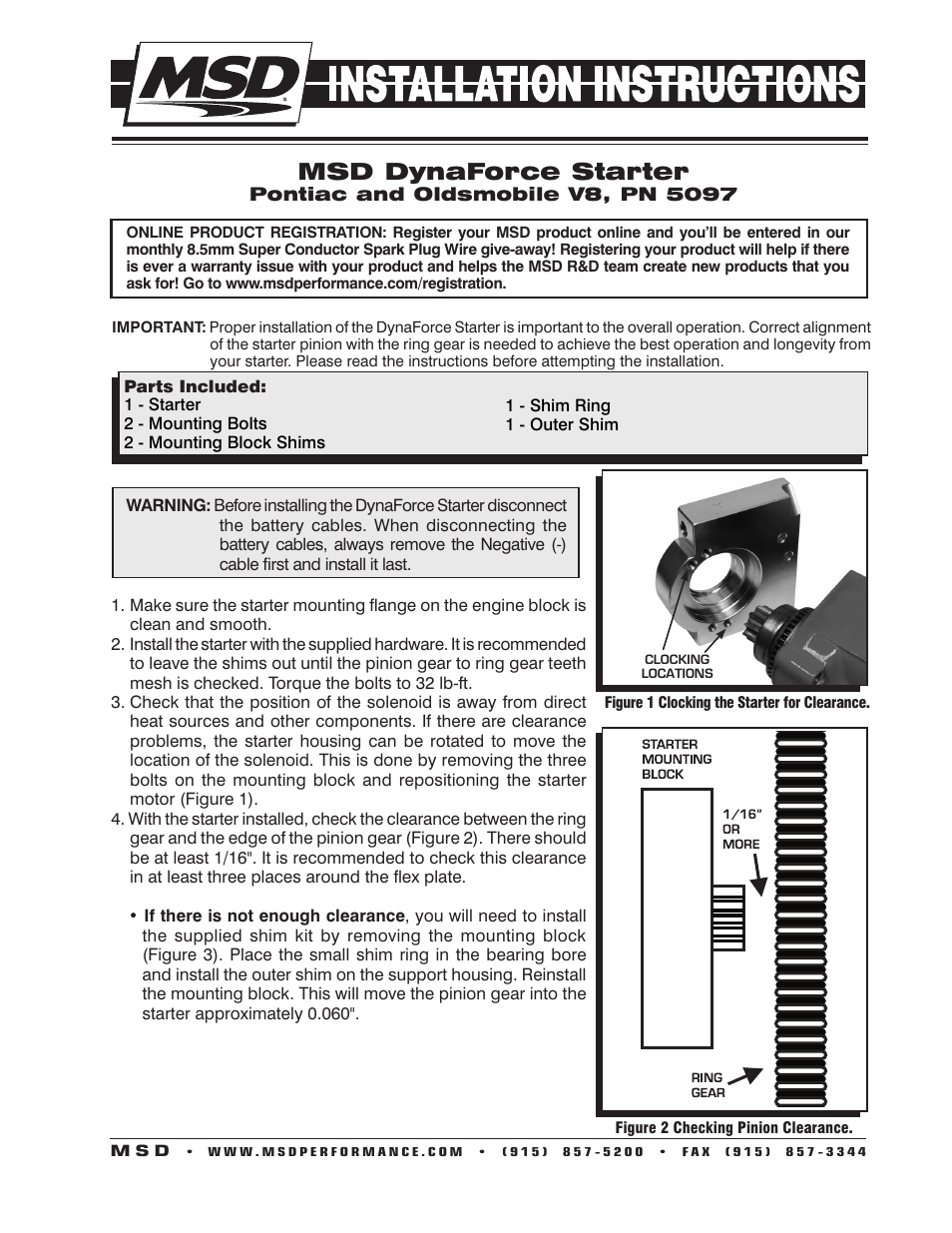 MSD 5097 DynaForce Starter, Pontiac_Oldsmobile 326,455 Installation User Manual | 4 pages