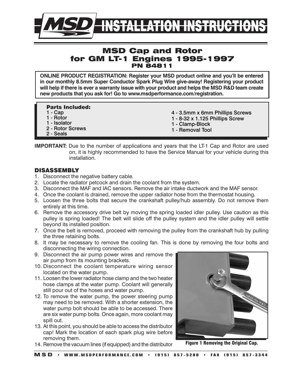 MSD 84811 LT-1 Distributor Cap & Rotor Kit, '95-'97 GM, LT-1, 350_5.7L SFI Installation User Manual | 4 pages