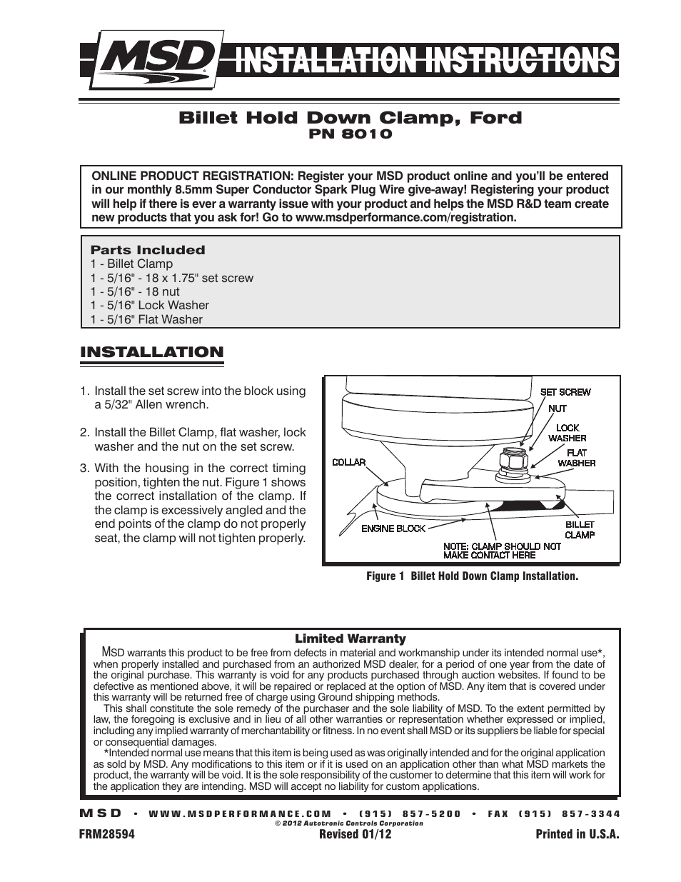 MSD 8010 Ford Distributor Hold Down Clamp Installation User Manual | 1 page