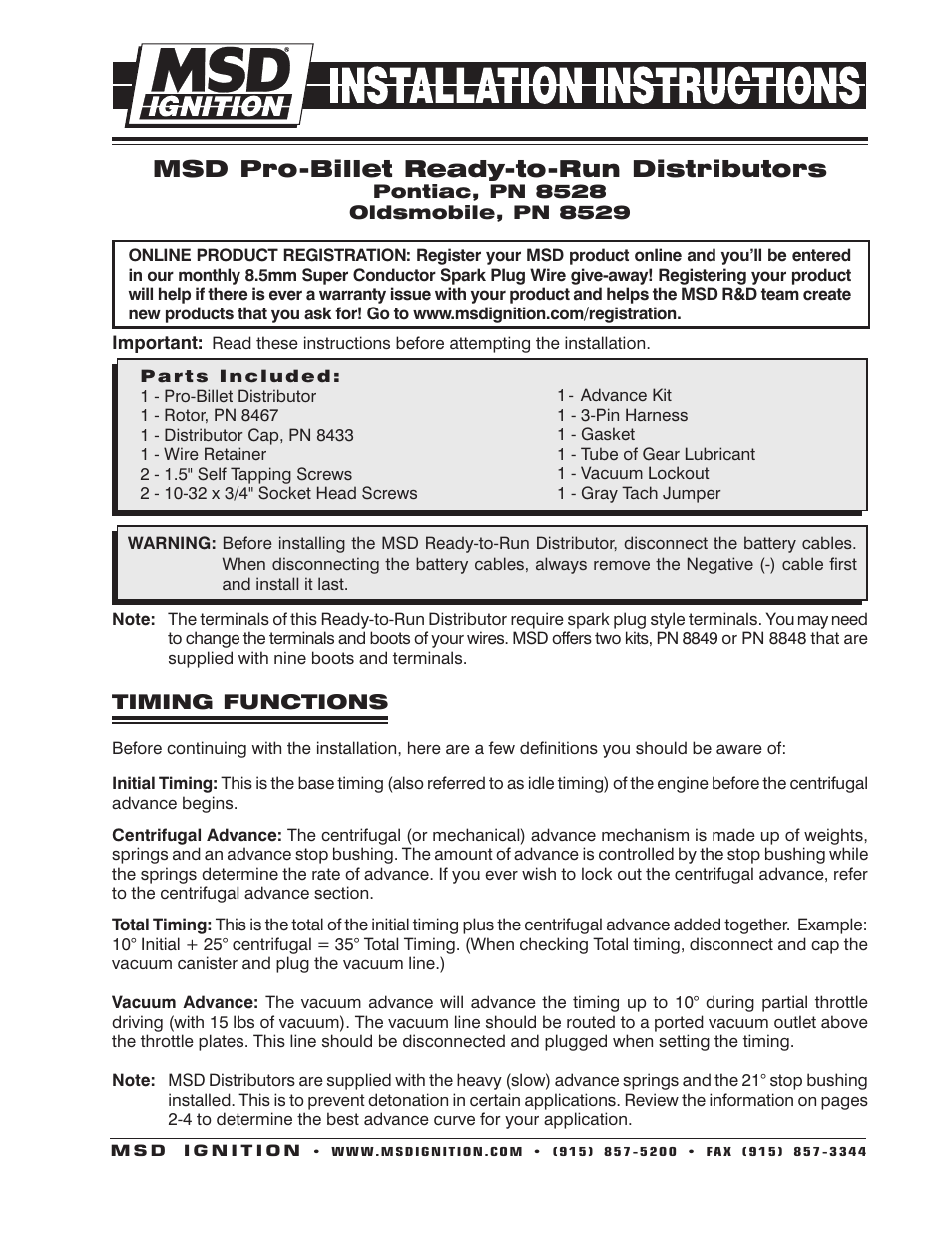 MSD 8529 Oldsmobile V8 Ready to Run Distributor Installation User Manual | 8 pages