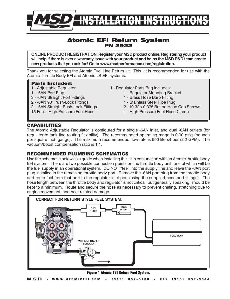 MSD 2922 Fuel Pump Return Kit Installation User Manual | 8 pages