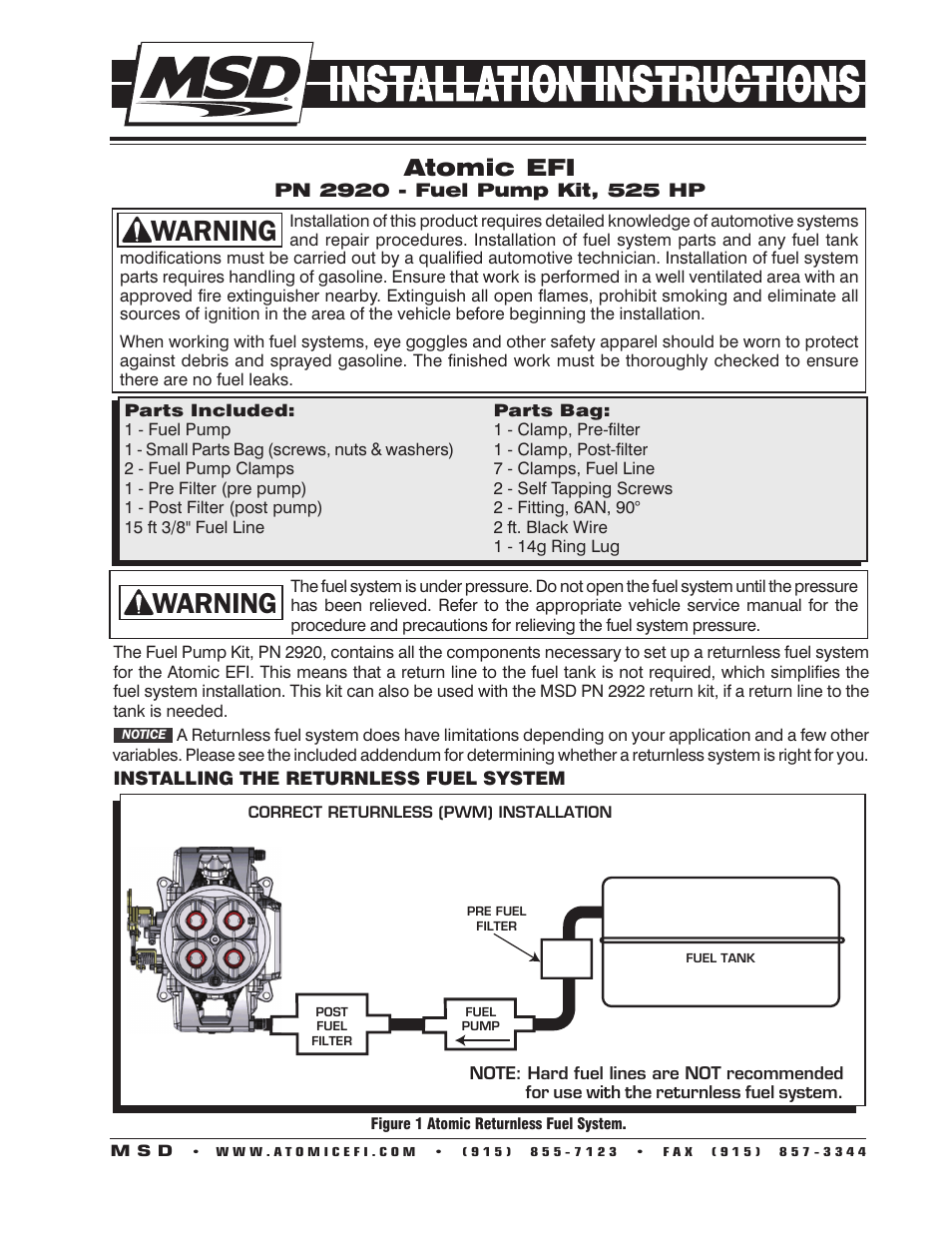 MSD 2920 Atomic EFI Master Kit Installation User Manual | 4 pages