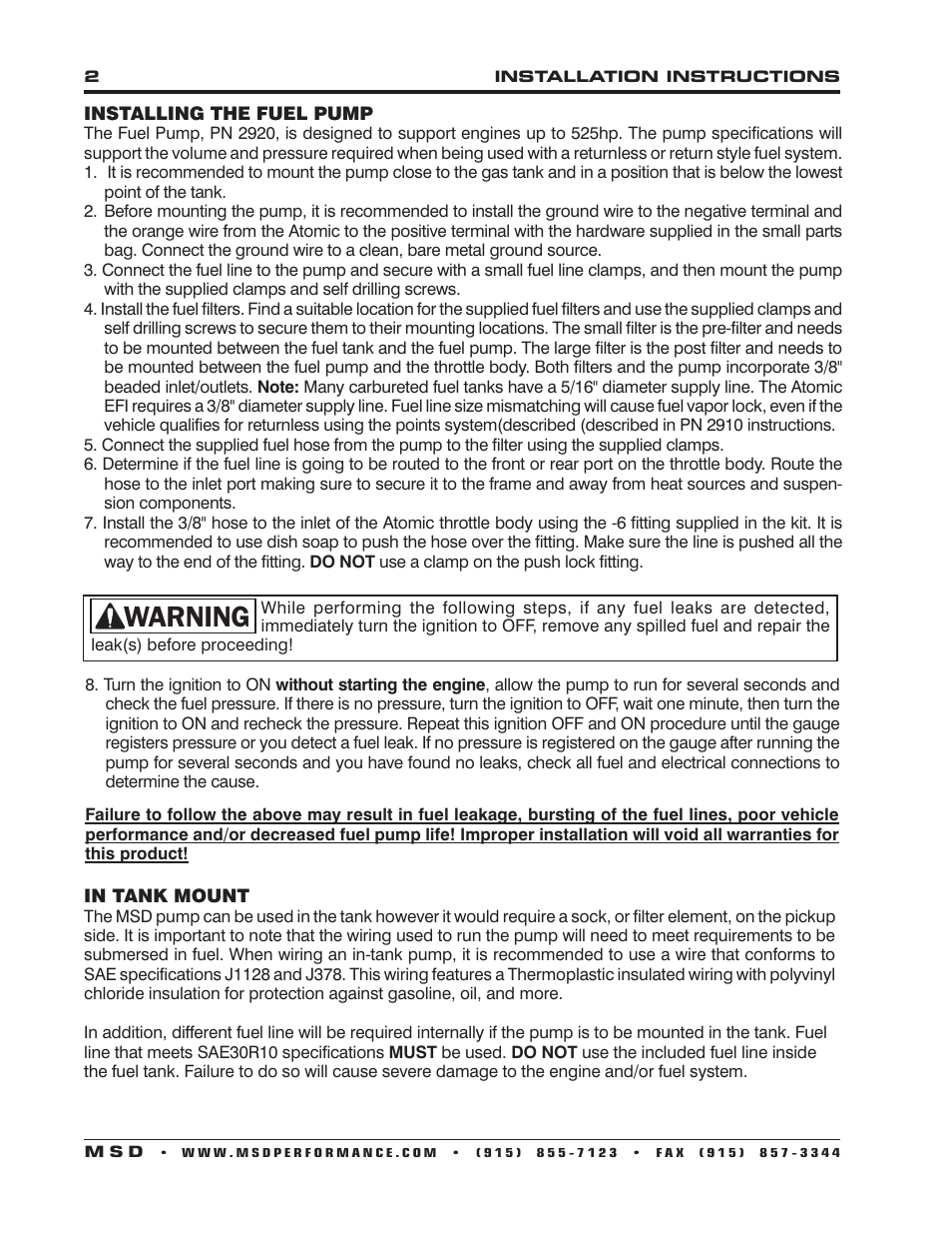 Notice, Danger caution, Warning | MSD 2920 Atomic EFI Master Kit Installation User Manual | Page 2 / 4