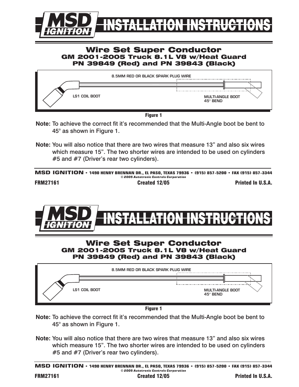 MSD 39849 Wire Set, GM 2001, Truck, 8.1L w_HG Installation User Manual | 1 page