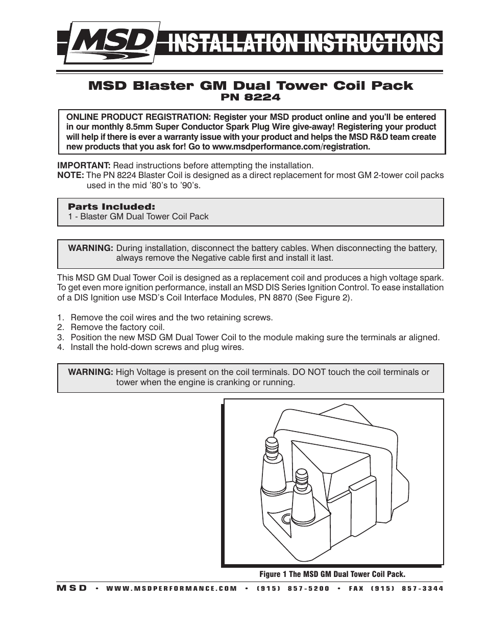 MSD 8224 GM Coil Pack, 2 Tower Style Installation User Manual | 2 pages