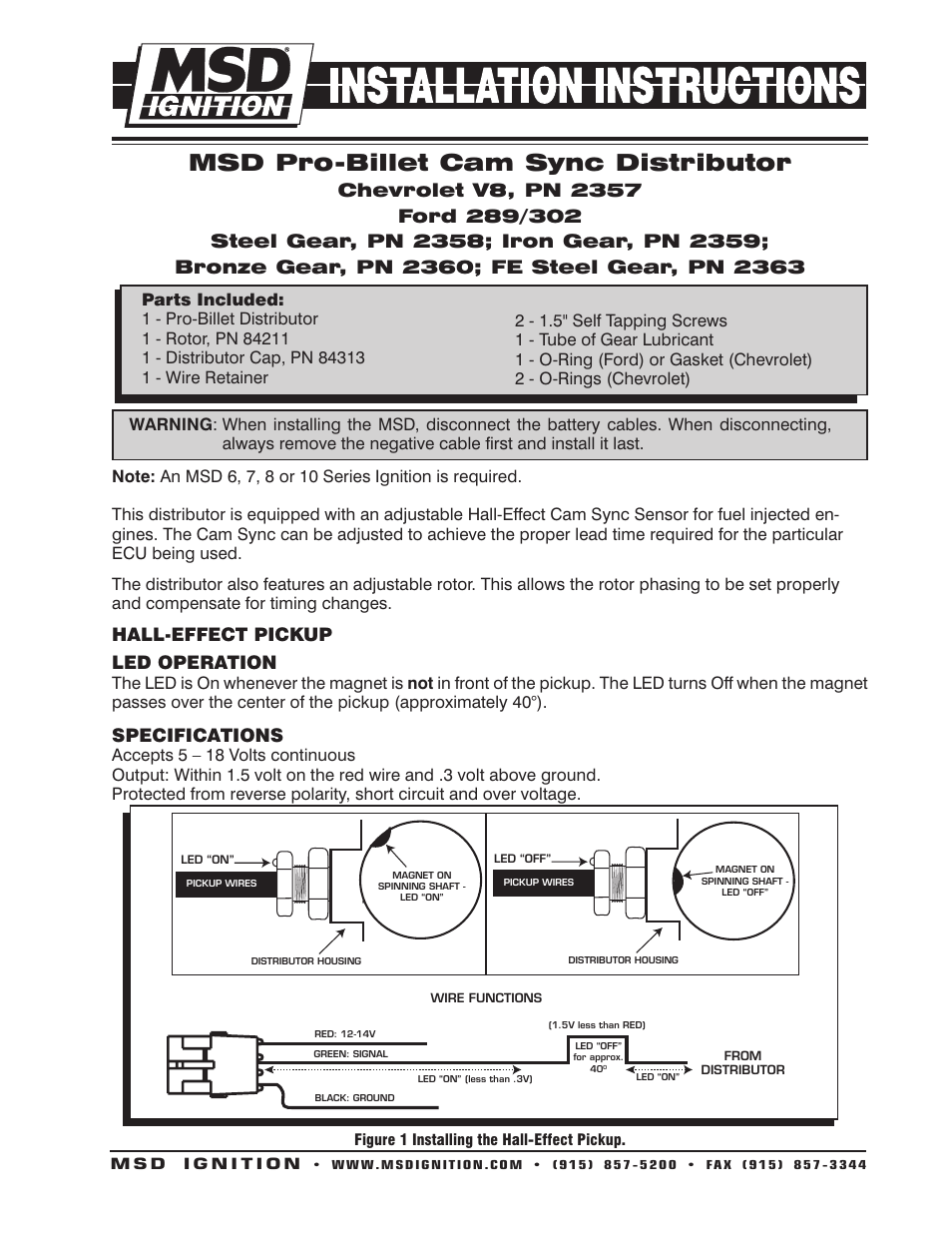 MSD 2357 Chevy Cam Sync Distributor, Hall Effect, Standard Cap Installation User Manual | 4 pages