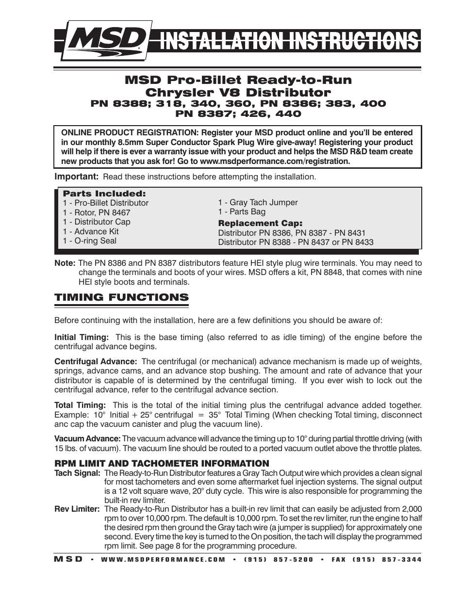 MSD 8388 Chrysler 318-360, Ready to Run Distributor Installation User Manual | 8 pages