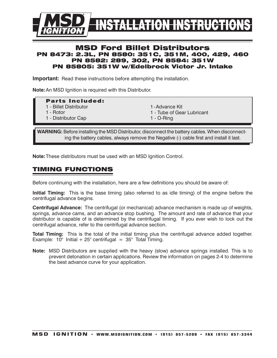 MSD 8584 Ford V8 351W Billet Distributor Installation User Manual | 8 pages
