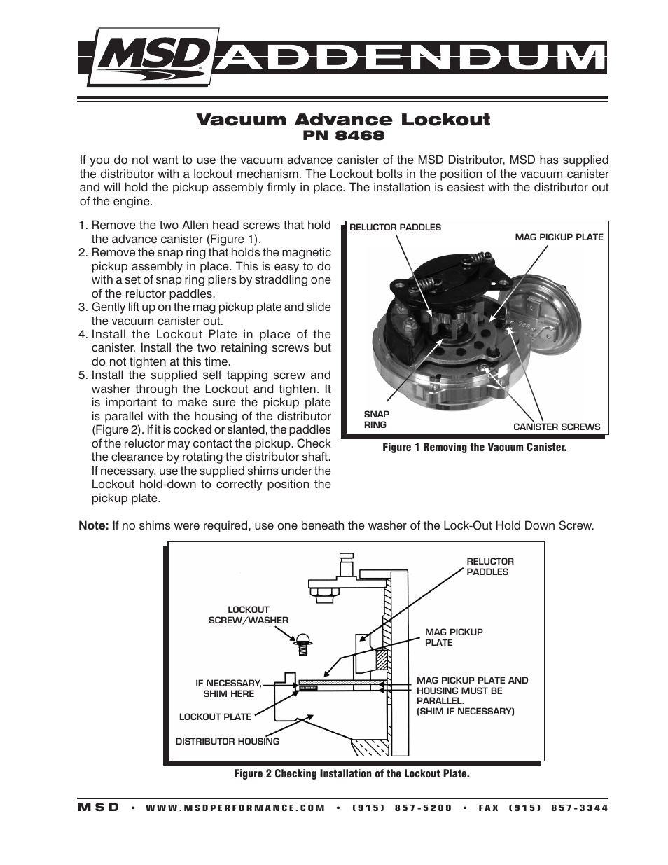 MSD 8468 Vacuum Advance Lockout, PN 8360, 8361, 8572 User Manual | 2 pages
