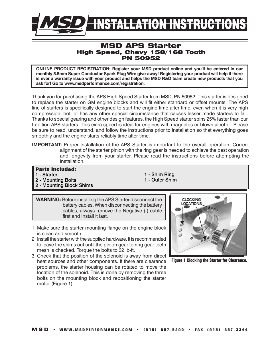 MSD 50952 Chevy High Speed DynaForce Starter Installation User Manual | 4 pages