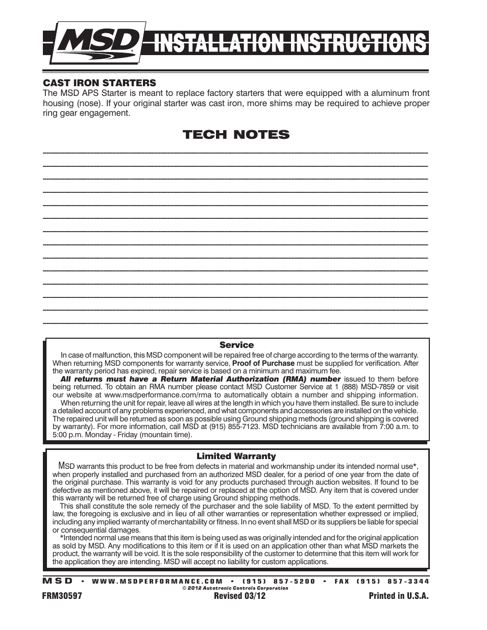 Cast iron starters | MSD 50952 Chevy High Speed DynaForce Starter Installation User Manual | Page 4 / 4